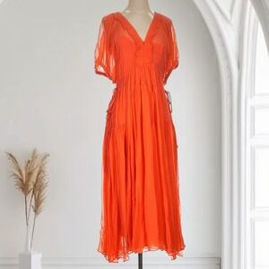 La Ligne Shirred‎ V-Neck Dress Womens XS Orange 100% Silk Flowy Sophisticate